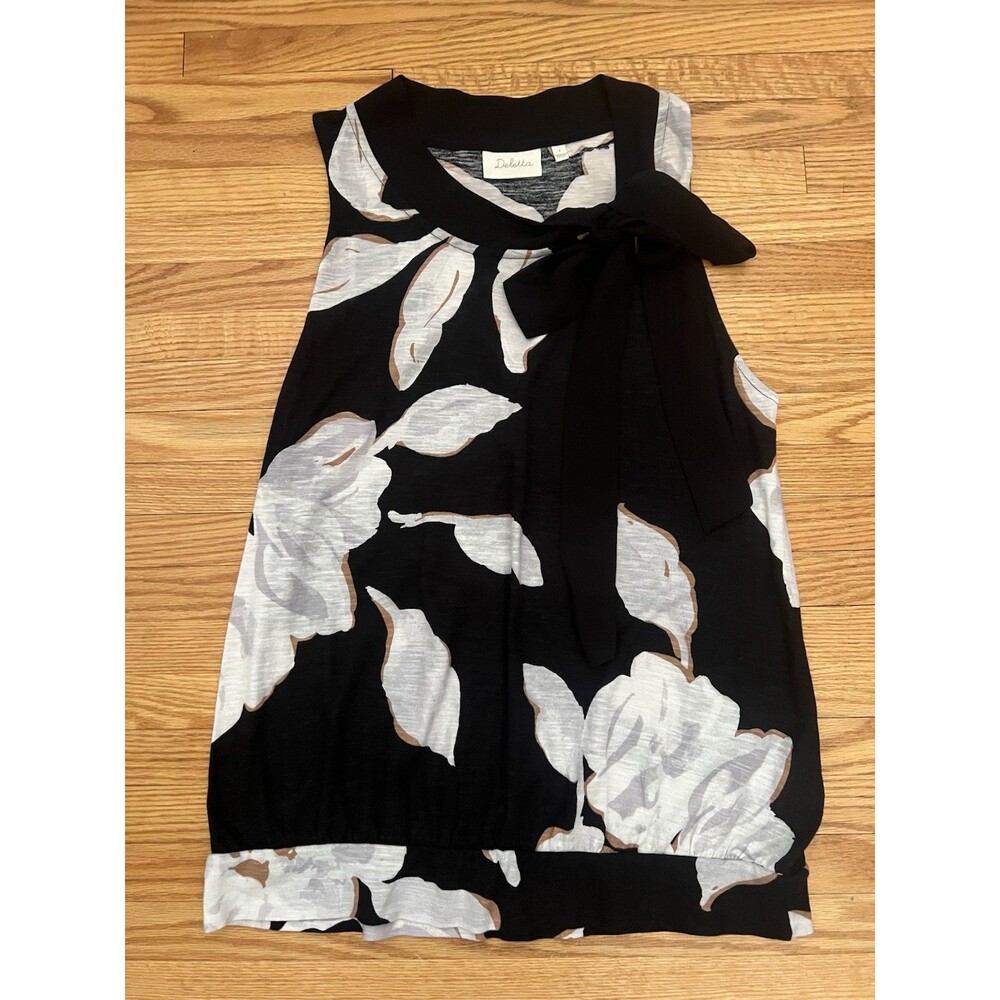 Anthropologie Deletta Tank Top Black White Floral Print Tied Bow Neck Size Small